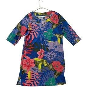 CARIBBEAN JOE Tunic Dress Womens Size M Blue Multi Floral 3/4 Sleeve UPF 50+
